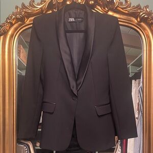 Zara Black Satin Lapel Tuxedo Blazer